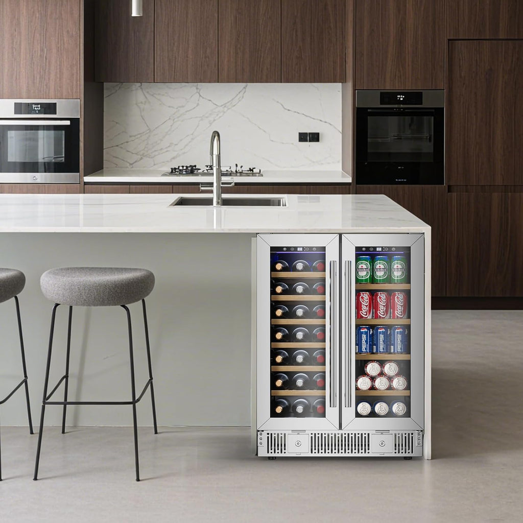 24 Inch Dual Zone Wine and Beverage Refrigerator, Wine Cooler with Glass Door Ho