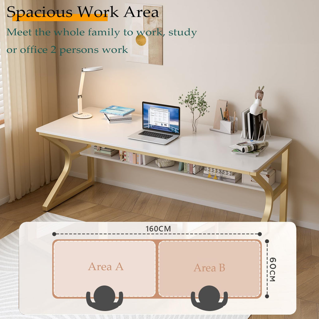 63-Inch Extra Long Desk with Storage Shelf, Gold