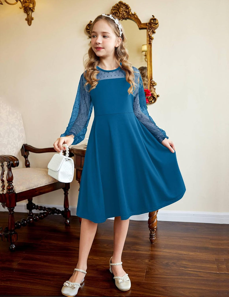 Girls's Contrast Mesh Puff Long Sleeve Party Dress with Pockets