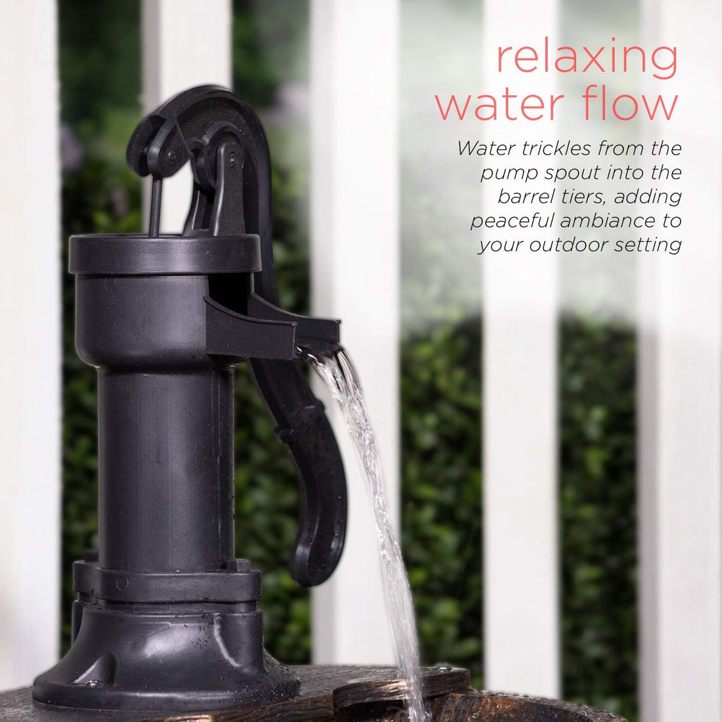 27" Tall Rustic Outdoor 2-Tier Barrel Pump Water Fountain with Soothing Cascading Water Flow, Landscape, Bronze