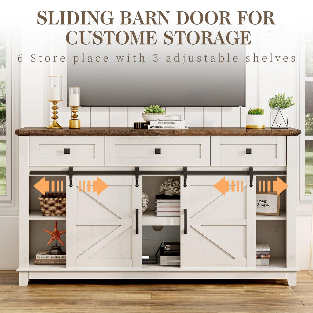 59" Farmhouse TV Stand with Storage Drawers, White & Barnwood