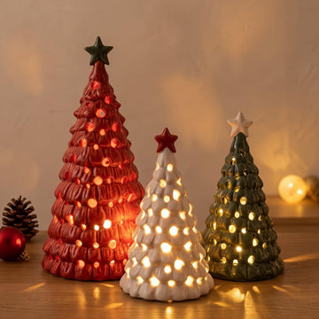 3 Pcs Mini Lighted Ceramic Christmas Tree Figurines, Red White Green