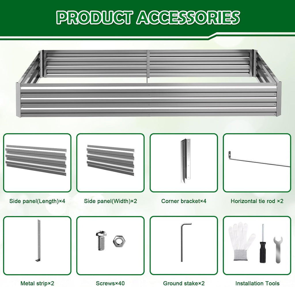 8x4x1FT Galvanized Raised Garden Bed, Metal Planter, Silver,1 Pack | Thick Galvanized Steel, Easy Assembly,Outdoor