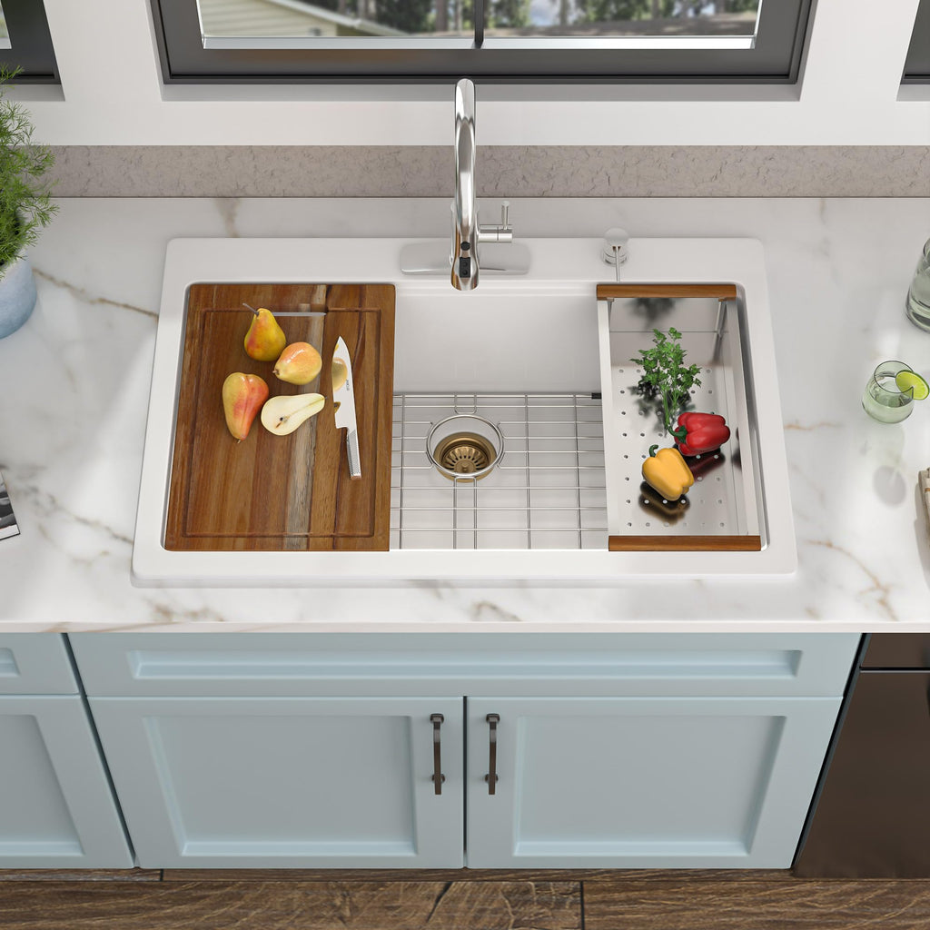 33 Granite Composite Kitchen Sink - 33"x22" Granite Kitchen Sink White Ledge Workstation Drop-In Topmount Quartz