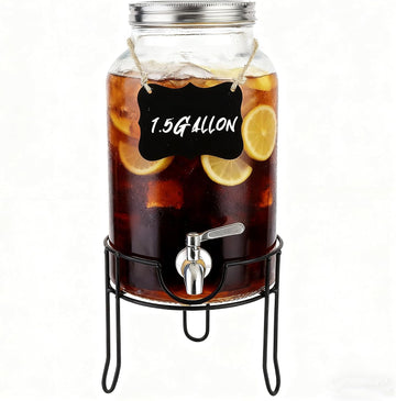 1.5 Gallon with Stand and Lid for Parties,Glass Drink Dispenser with Stainless Steel Leakproof Spigot,Mason Jar Drink