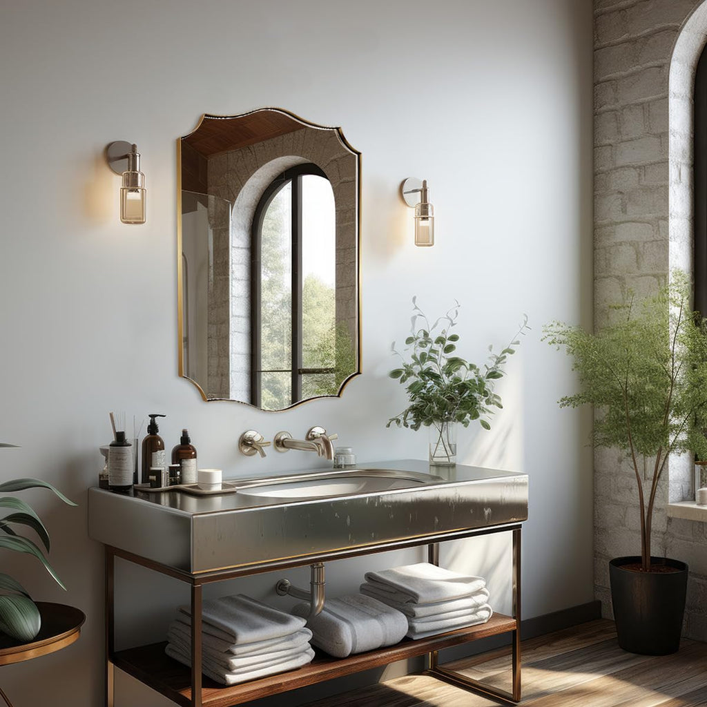 Bathroom Vanity Mirror, 24x36 Irregular Wall Mirror, Gold Antique Mirror, Asymmetrical Mirror in Anti-Rust Stainless