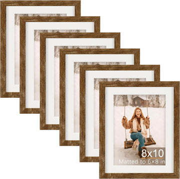 8x10 Picture Frames with 6x8 Mat Set of 6, Rustic Brown | Wood Grain Design, Wall Mounting or Tabletop Display, for
