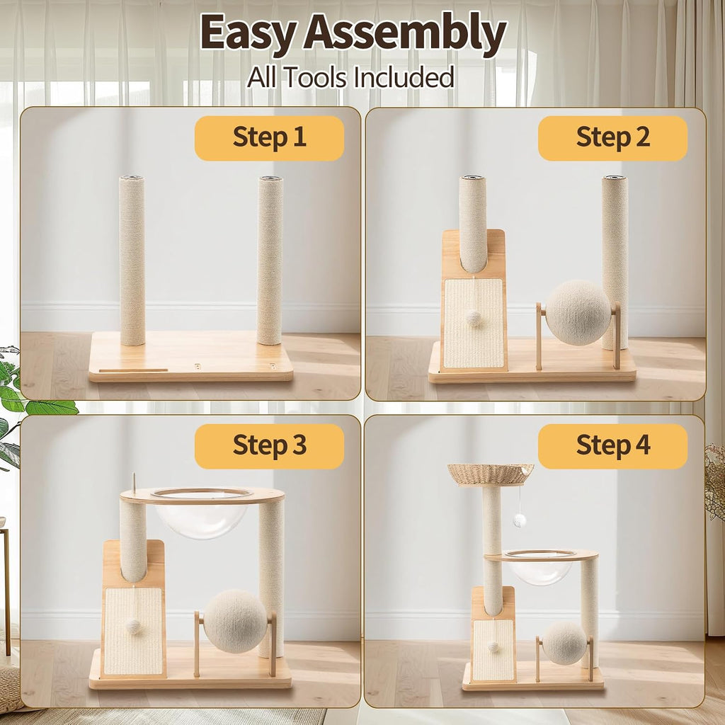Modern Wooden Cat Tree for Indoor Cats, Furniture Style Cat Tower with Handwoven Basket and Soft Cushion, Acrylic