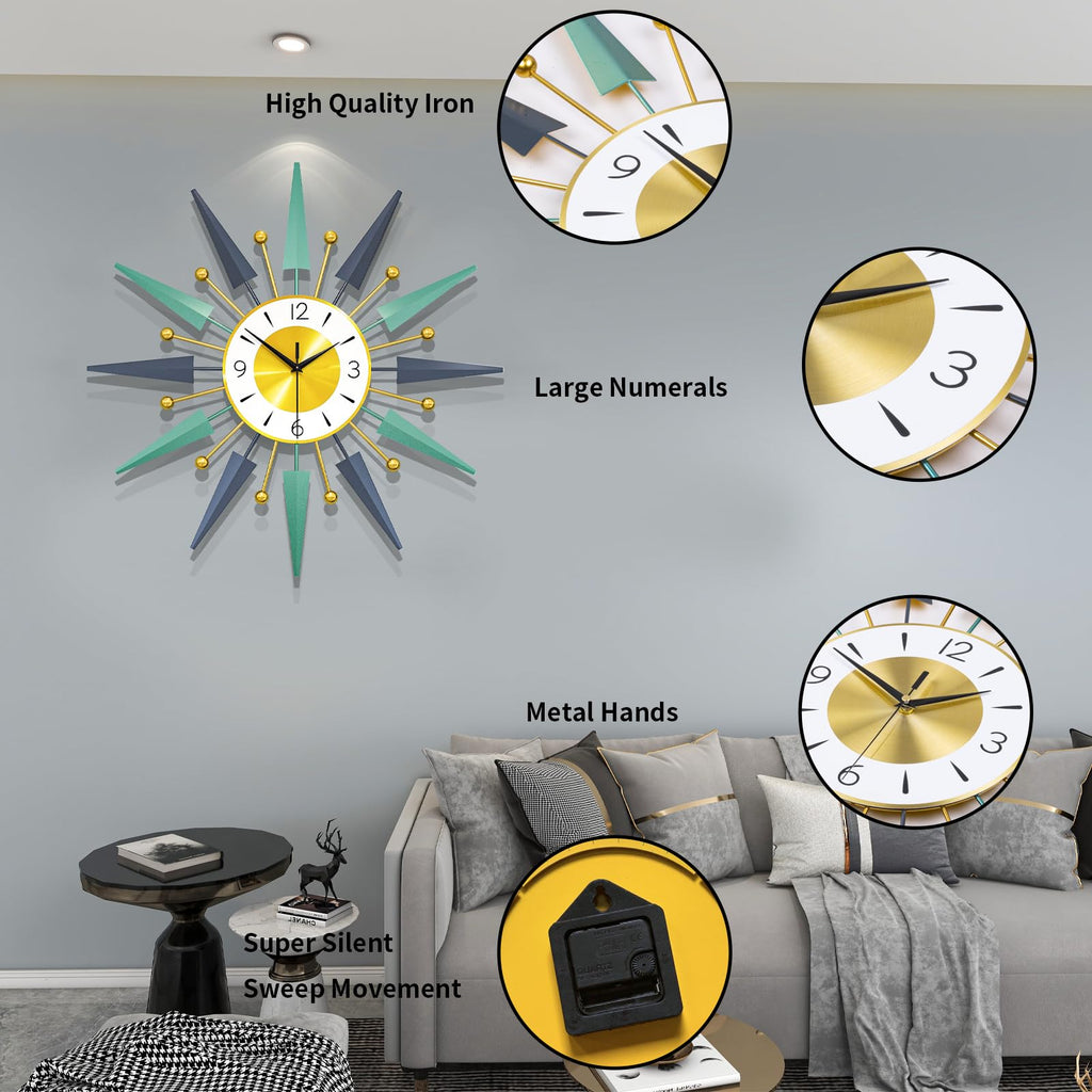 Large Modern Wall Clock Decor, 24 Inch Big Decorative Starburst Metal Wall Clock Battery Operated Bedroom