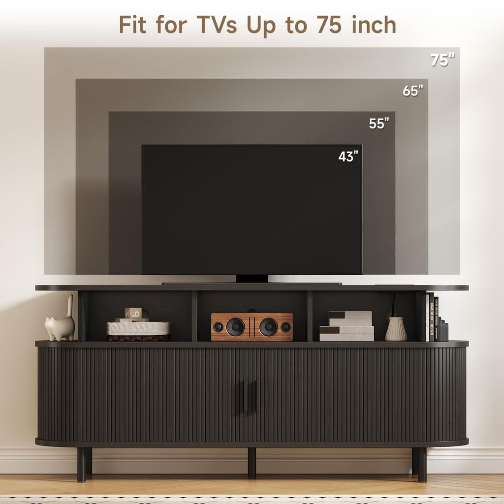 69" Large Round Record Player Stand with Charging Station, Black