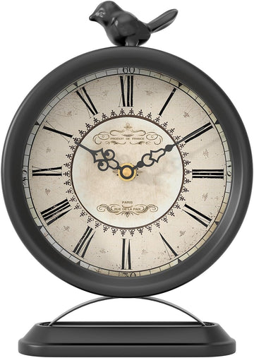 Vintage Table Clock with Bird, European Antique Style Black Mantel Clocks, Desk and Shelf Decor Clock, for Farmhouse