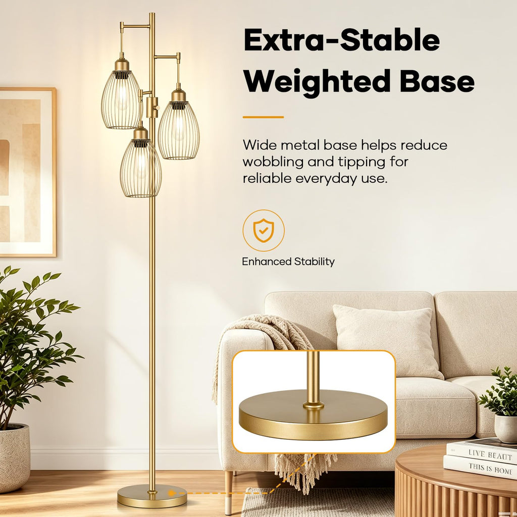 Dimmable Floor Lamp, 3 x LED Edison Bulbs Included, Farmhouse Industrial Floor Lamp Standing Tree Lamp with