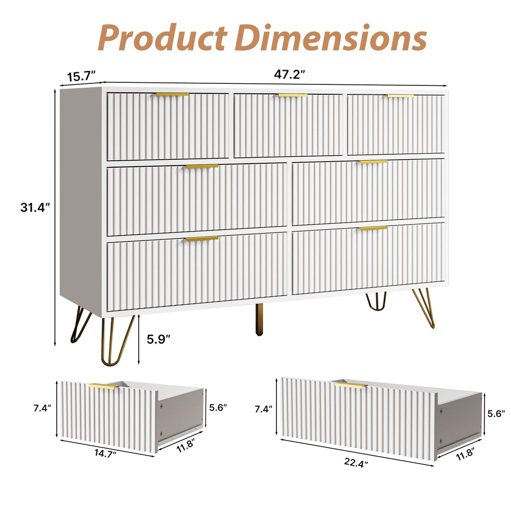 White 7 Drawer Dresser, Fluted Dresser with Gold metal Handles