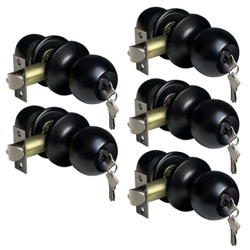 5 Pack Door Knob with Lock and Key, Keyed Different, Matte Black