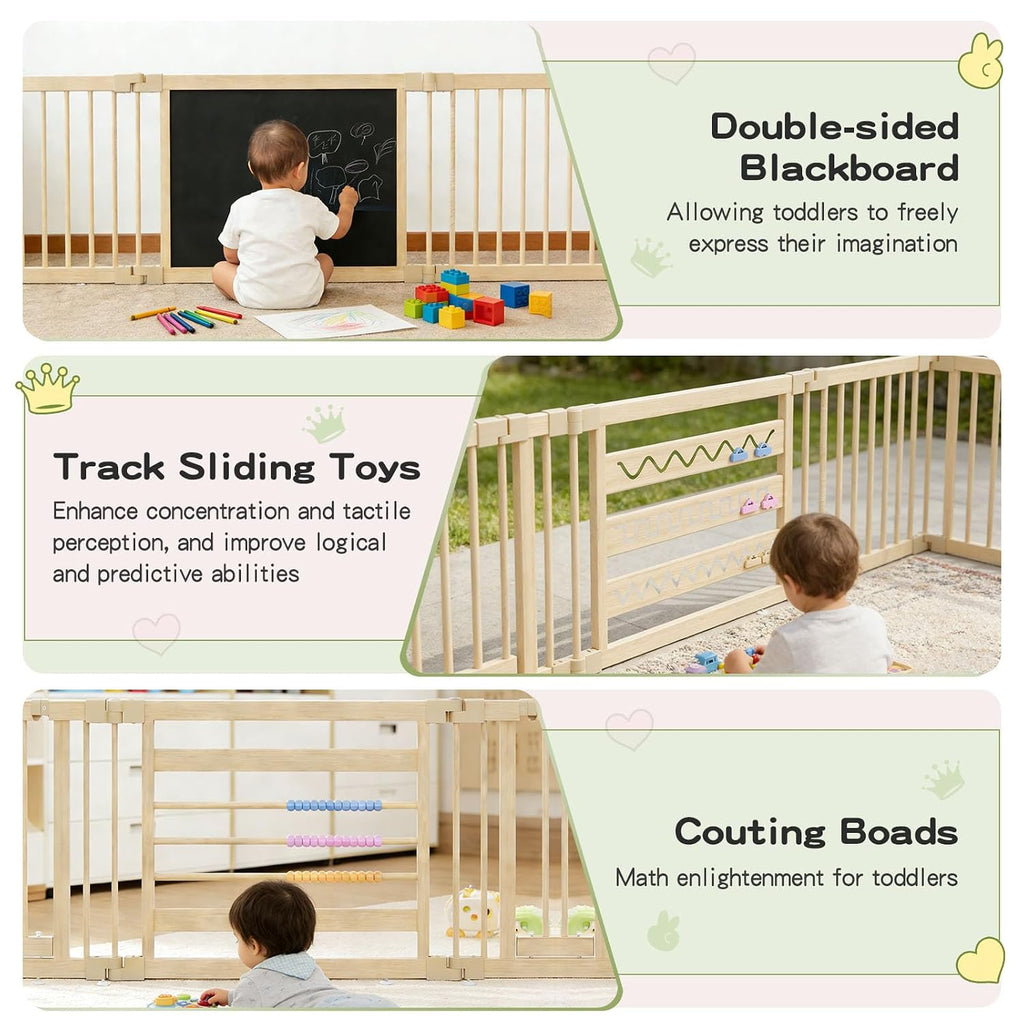 87x56in Foldable Wooden Baby Playpen with Gate, Safety Lock, CPC Certified Play Yard with Suction Cups, Expandable