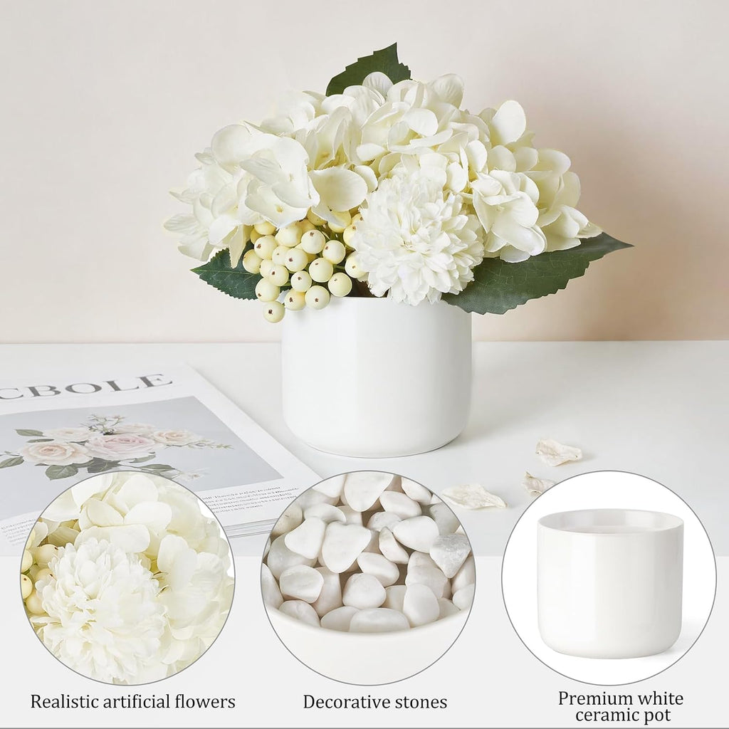 Hydrangea Artificial Faux Flowers in Small Vase for Table Centerpiece