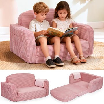 Extra Wide 2 in 1 Convertible Toddler Kids Couch - Corduroy Fold Out Kids Sofa Chair with Blanket, Comfy Comfortable