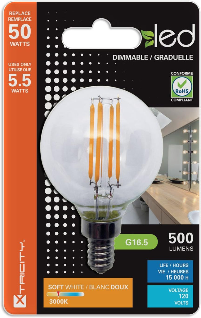 LED 5.5W G16.5 Clear Globe Filament Light Bulb, 50W Equivalent, 500 Lumens, 3000K Soft White, E12 Candelabra Base