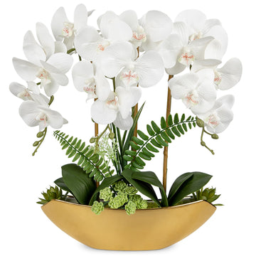 Orchid Fake Flowers 18in White Artificial Orchid in Gold Pot Faux Orchid Arrangement Bathroom Dining Table Modern