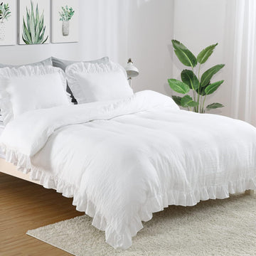 White Ruffle Duvet Cover Queen, 3PCS Soft Washed Microfiber Vintage French Country Duvet Cover Set for Queen Bed