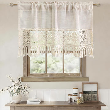 Boho Linen Sheer Curtain Valance with Crochet Lace Trim for Small Windows