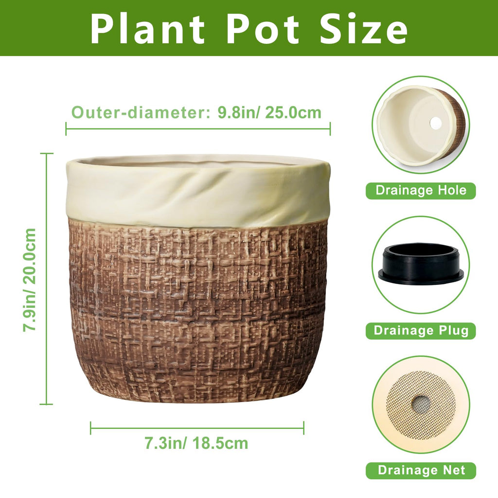Ceramic Planter - 9.8 Inch Plant Pot for Indoor Outdoor Plants, Boho Ceramic Plant Pots with Drainage Hole and Plug