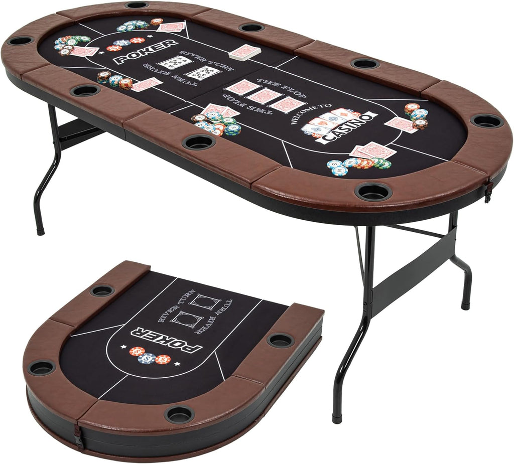 8 Player Folding Poker Tables, Texas Holdem Table with Padded Rails & Cup Holders, Foldable Casino Poker Table, Oval