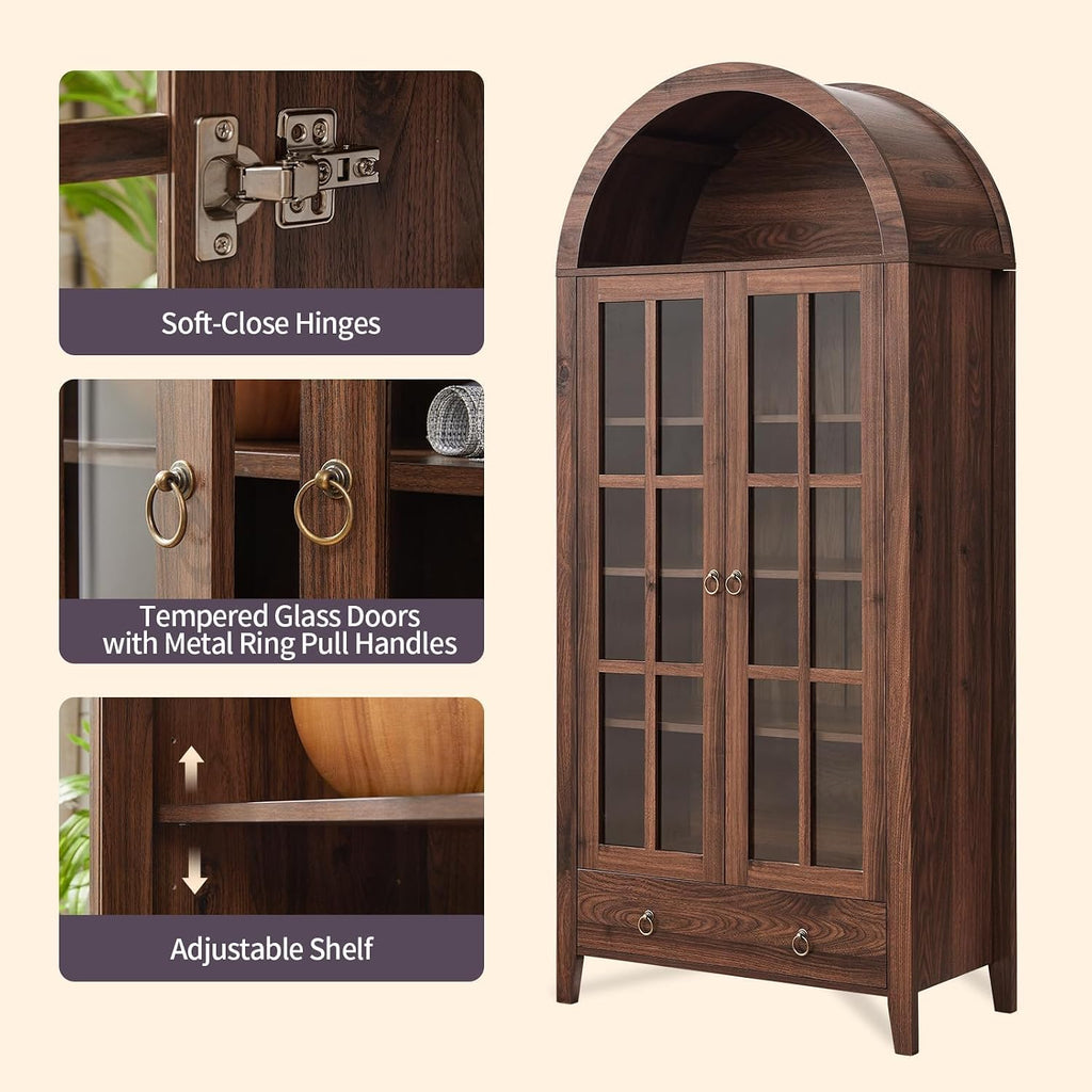 71" Tall Arched Cabinet Bookshelf with Glass Door & Storage Drawer | Modern Farmhouse Display Cabinet,Adjustable
