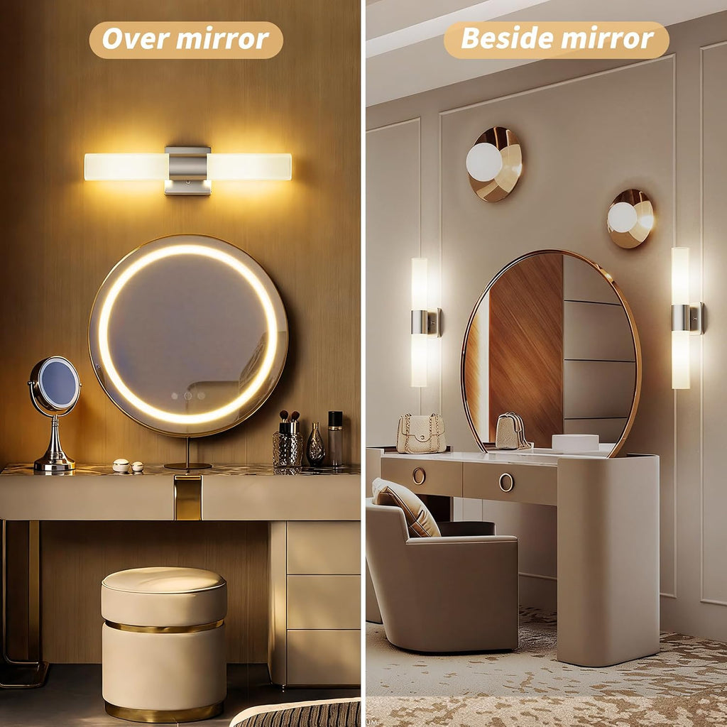 Wall Sconces Set of Two, Modern 21" Vanity, Frosted Glass, Silver | Indoor Wall Light Fixture. , Mirror, Bedroom