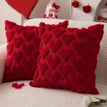 Valentines Pillow Covers 18x18 inch Valentines Day Decoration Red Heart Soft Plush Faux Fur Jacquard Throw - Set of 2