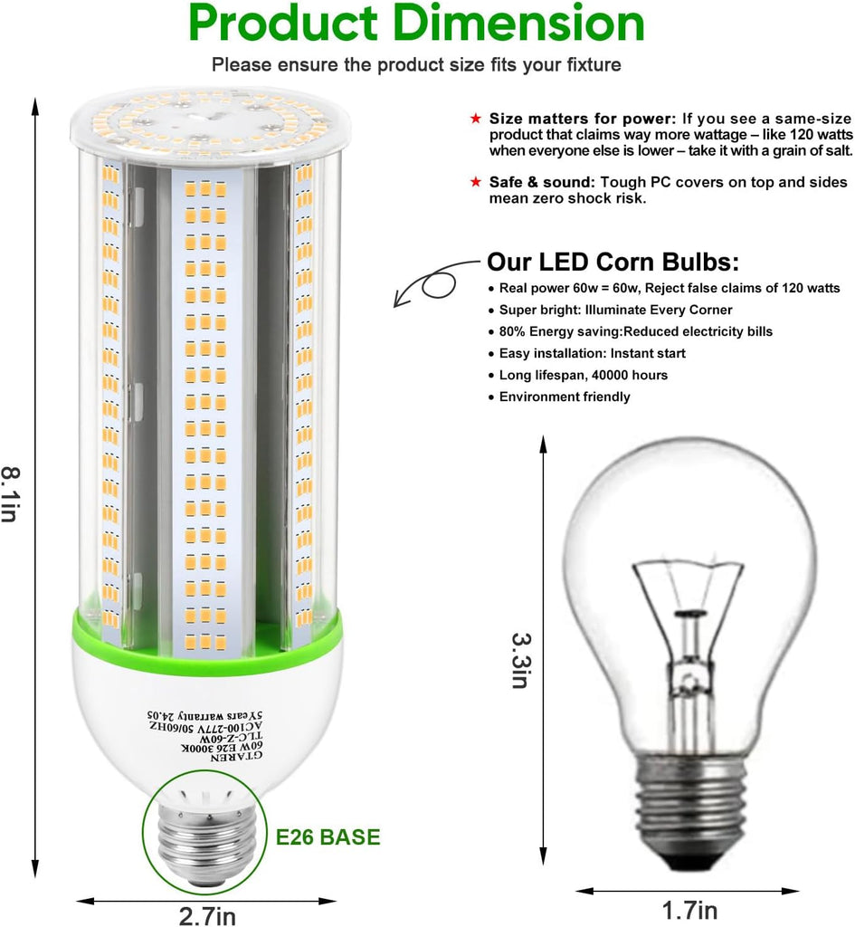 60W LED Corn Cob Bulb, 600W Equivalent, 8400 Lumens, 3000K Warm White, E26/E39 Base, Replace 250W Metal