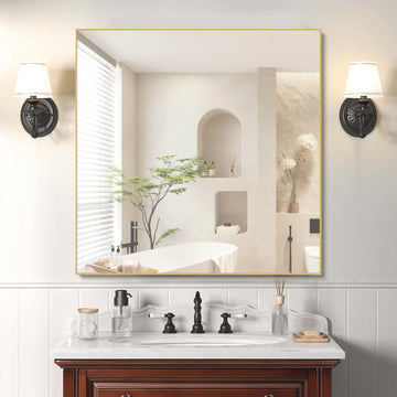 32x32 Inch Bathroom Mirror, Square Vanity Wall Mirror, Modern Non-Rusting Metal Frame Bathroom Mirrors, Suitable, Gold