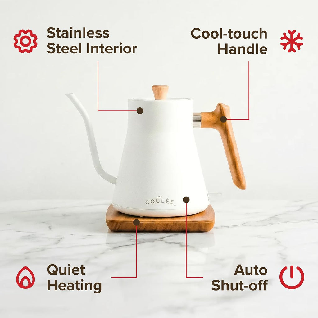 Gooseneck Electric Kettle, Stainless Steel, for Coffee & Tea, White | Great for pour-over coffee, tea, or matcha;