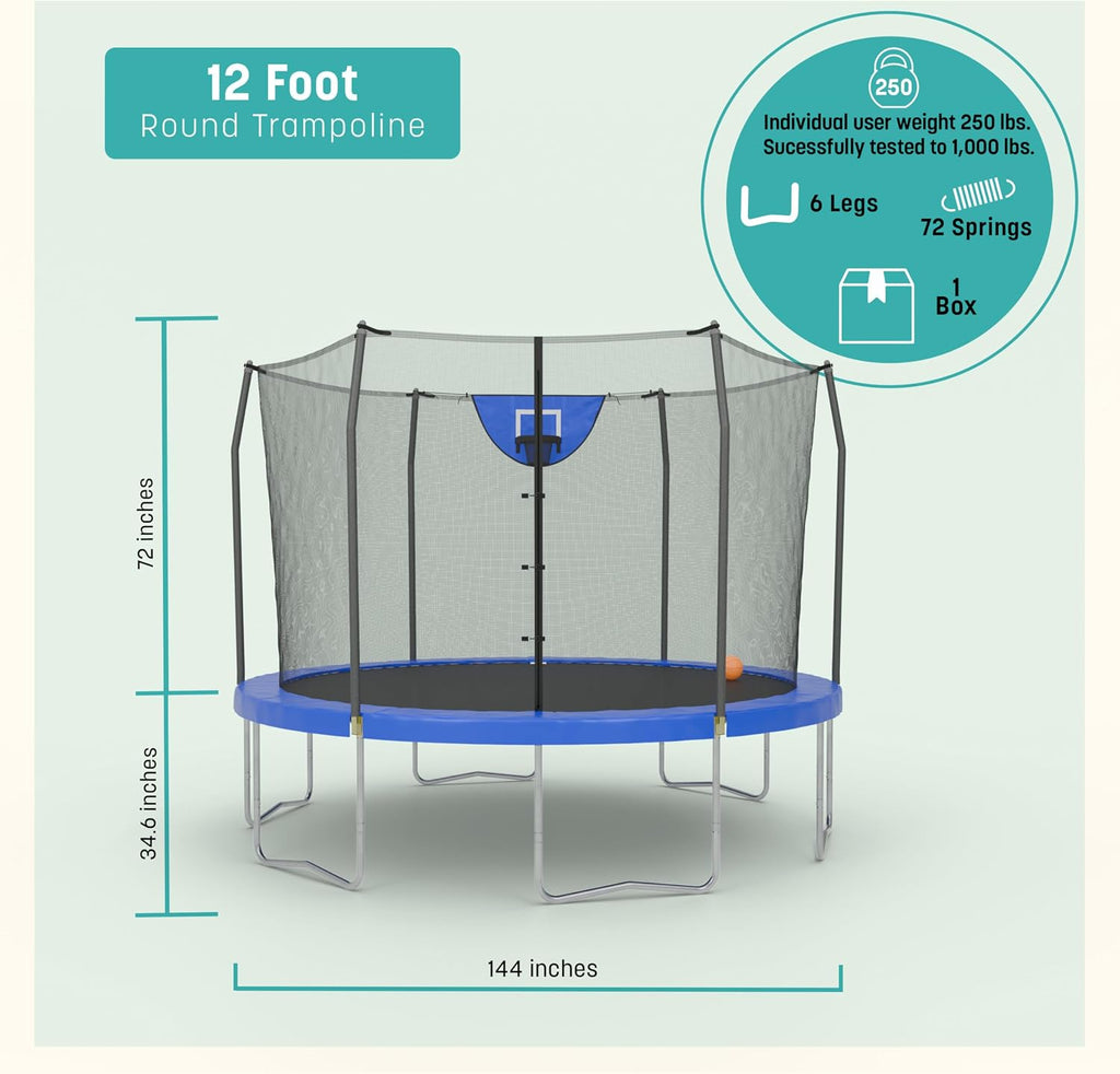Trampoline Outdoor 8 FT, 12 FT, 15 FT Jump N' Dunk Round Outdoor Trampoline with Net, Trampoline Mat, and Basketball