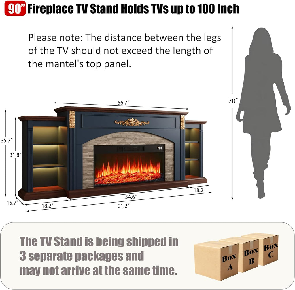 90inch Fireplace TV Stand, Fireplace with Mantel Holds TVs up to 100 Inch, Blue TV Stand with 36inch Electric Fire