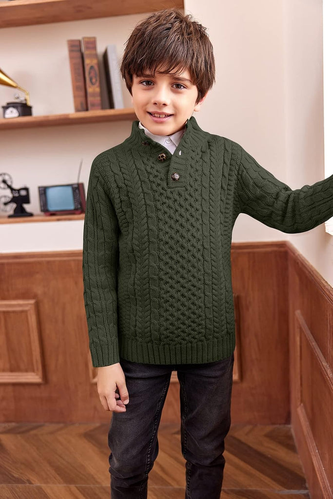Boys Mock Neck Pullover Sweater Button Cable Knit Jumper