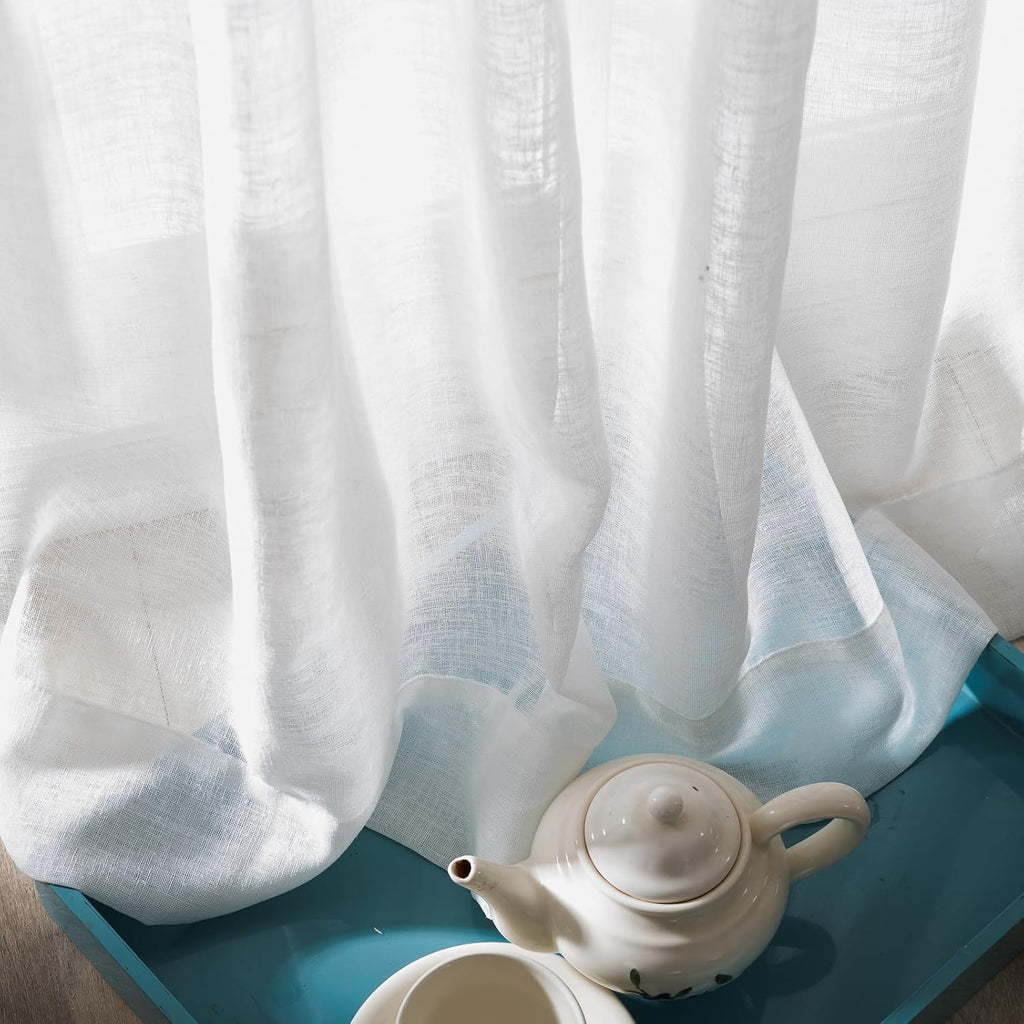 Window Sheer Curtains 42 inches Wide, White with Black Border Semi Pinch Pleated Sheer Curtains Panels Drapery, 42" W