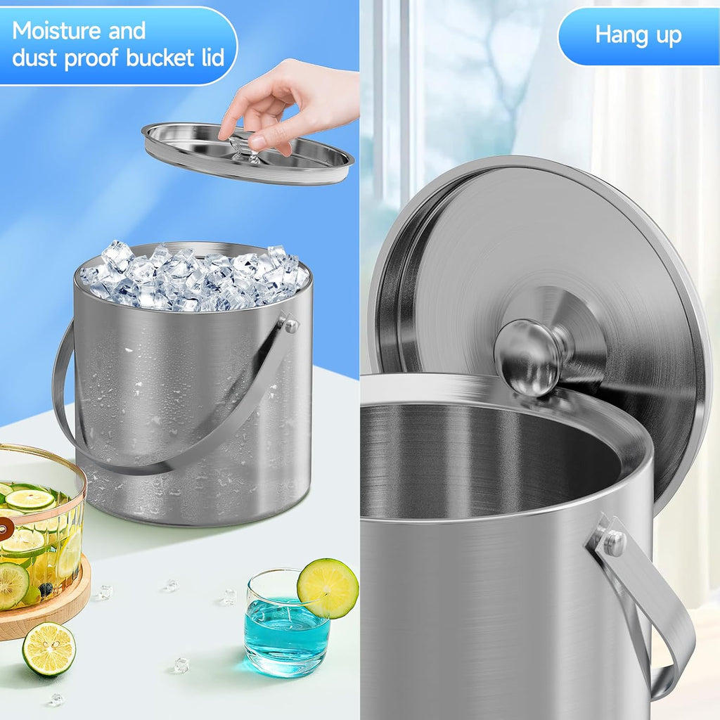 Ice Bucket, Ice Bucket with Lid Ice Tong Ice Scoop and Strainer for Cocktail Parties 3L Stainless Steel Insulated Ice