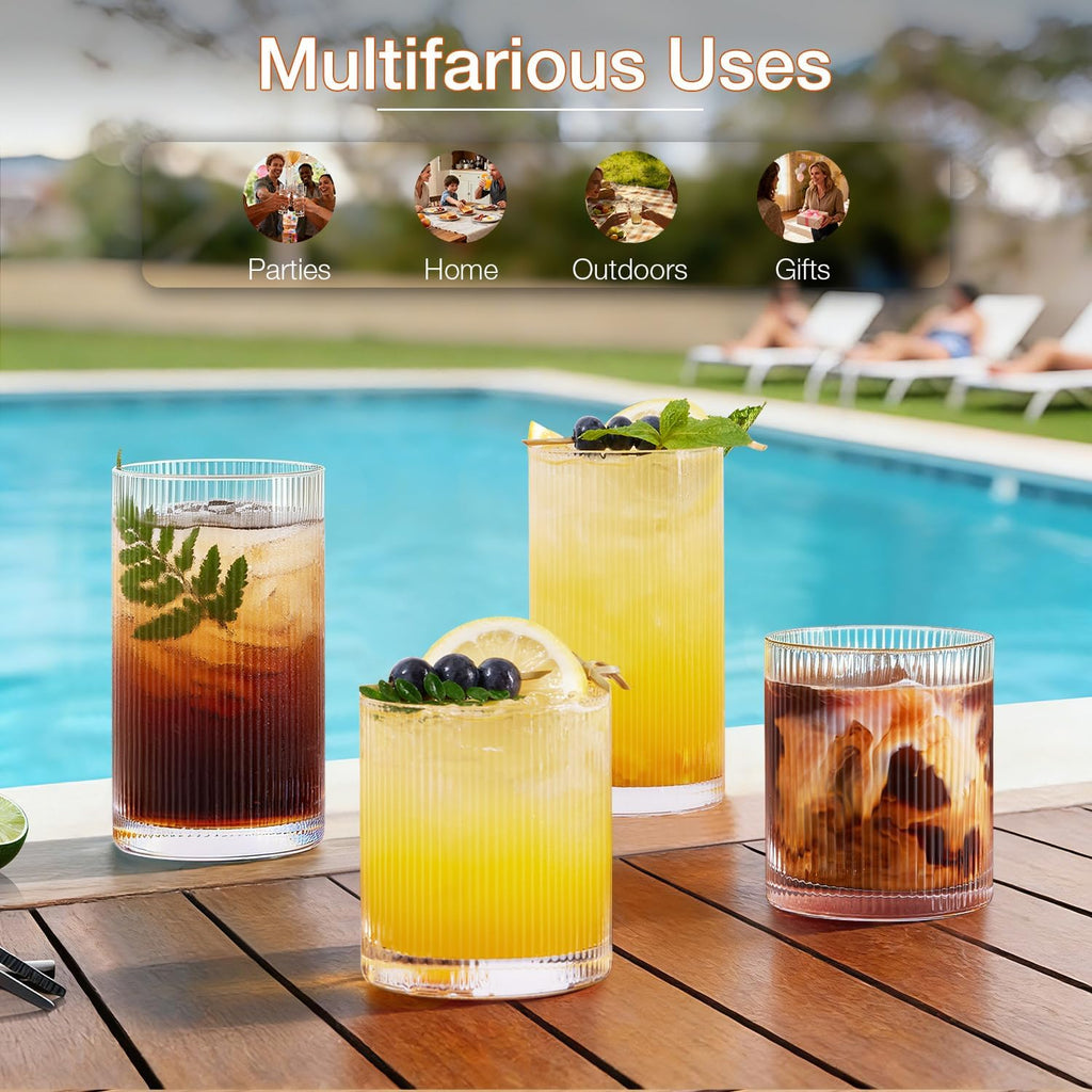 Drinking Water Glasses Set, Lead-Free Crystal Highball Glass, Tall Glass Cups for Cocktail Parties,ribbed set of