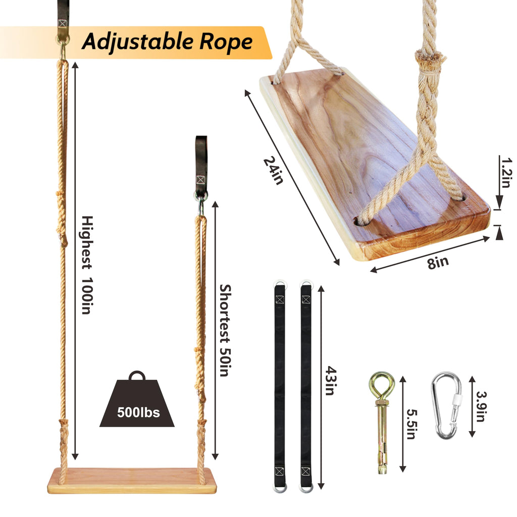 Hanging Wooden Tree Swing with Adjustable Hemp Rope & Extendor Tree Straps
