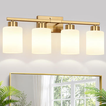 4-Light Bathroom Light Fixtures, Brushed Gold Vanity Light with Milky White Frosted Glass Shades, Modern Bathroom