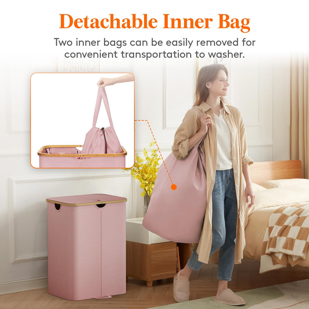 150L Double Laundry Hamper with Lid and Removable Bag, Pink
