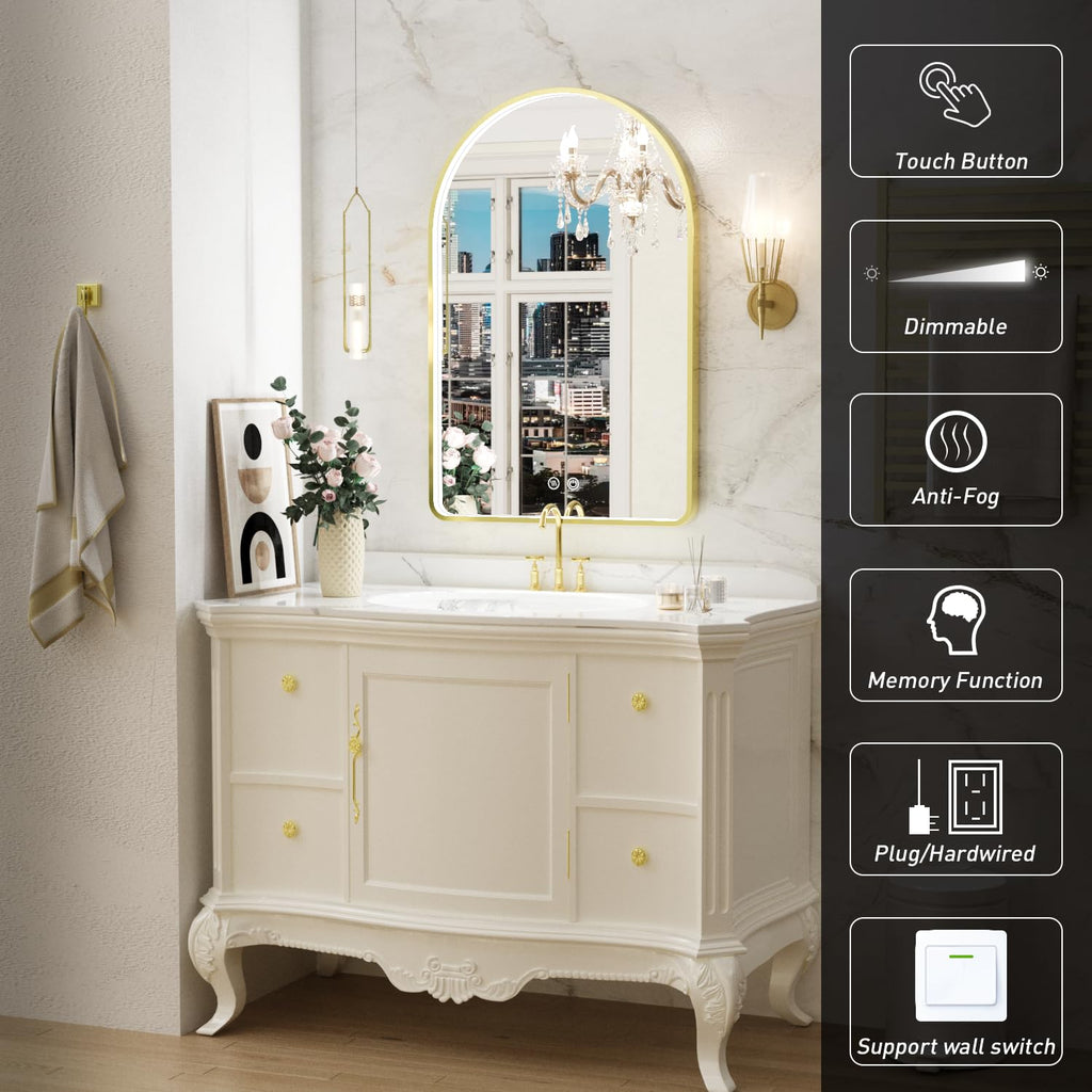 20x30 Inch Gold Framed Arched LED Mirror,3 Color