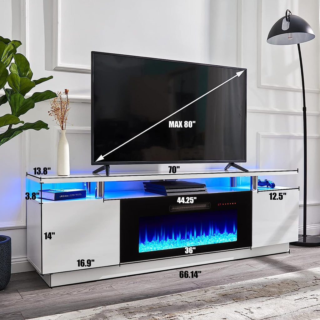 Fireplace TV Stand with 36" Fireplace, 70" Modern Fireplace Entertainment Center LED Lights, 2 Tier TV Console