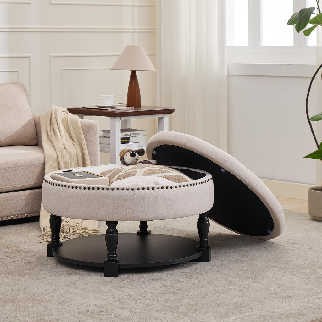 Round Storage Ottoman Coffee Table with Shelf, Tufted Fabric, Beige