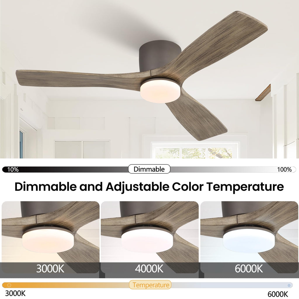 48" Ceiling Fan with Light - Low Profile Flush Mount Ceiling Fan, Dimmable Light, 6-Speed DC Motor Remote Control, 3