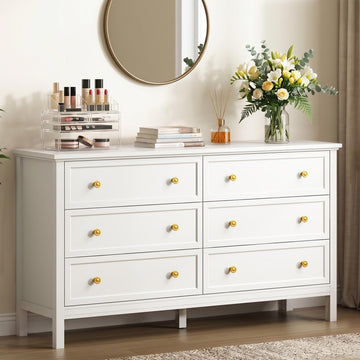 White Dresser, 55" Modern Dresser with 6 Drawers Gold Handles