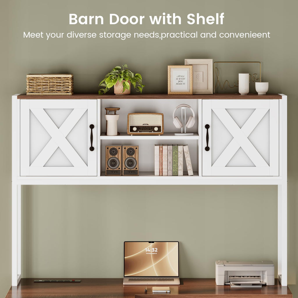 Reversible Farmhouse L Shaped Computer Desk with Drawers, Hutch