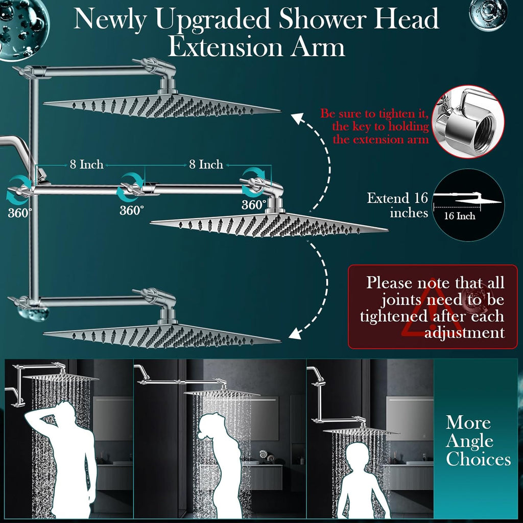 12'' Rain Shower Head Combo, High Pressure Rainfall Shower Head with 16'' Flexible Adjustment of Height/Angle Upgraded