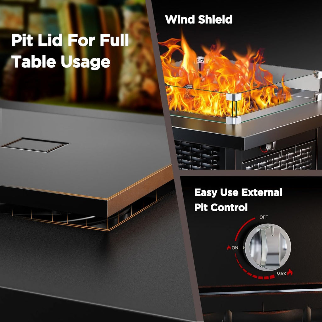 Propane Fire Pit, 28″ Outdoor Gas Fire Pit, 50,000 BTU Steel Fire Table with Glass Wind Guard, Lid & Lava Rock